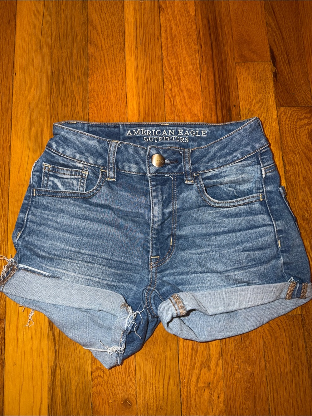 American Eagle Outfitters Hi-Rise Shortie Blue Denim Cuffed Women's Shorts